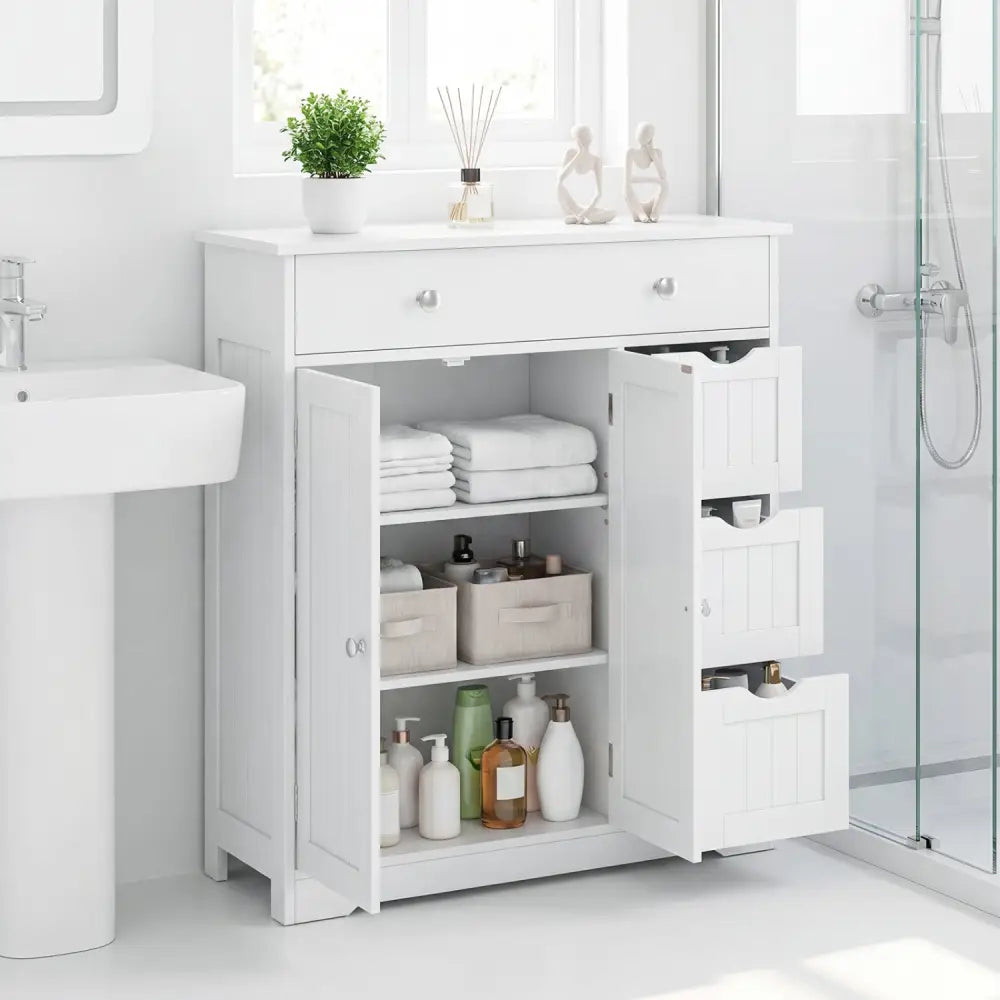 Bathroom Floor Cabinet with 4 Drawers with 2 Doors and Adjustable Shelf-White - White - Floor Cabinets