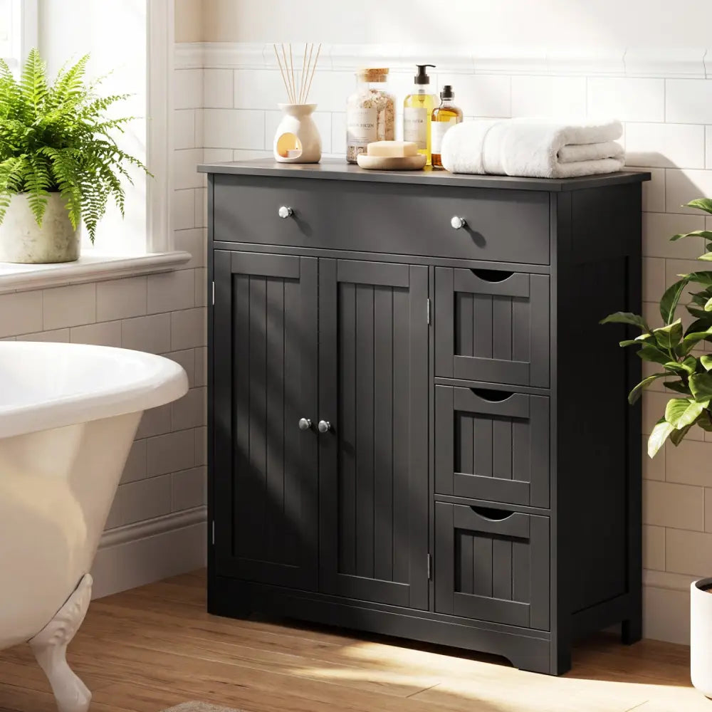 Bathroom Floor Cabinet with 4 Drawers with 2 Doors and Adjustable Shelf-Black - Black - Floor Cabinets