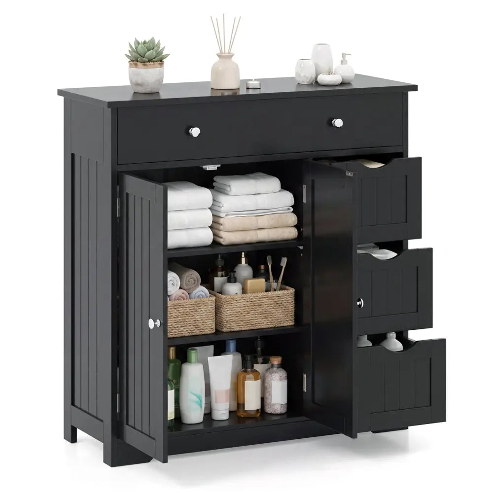 Bathroom Floor Cabinet with 4 Drawers with 2 Doors and Adjustable Shelf-Black - Black - Floor Cabinets