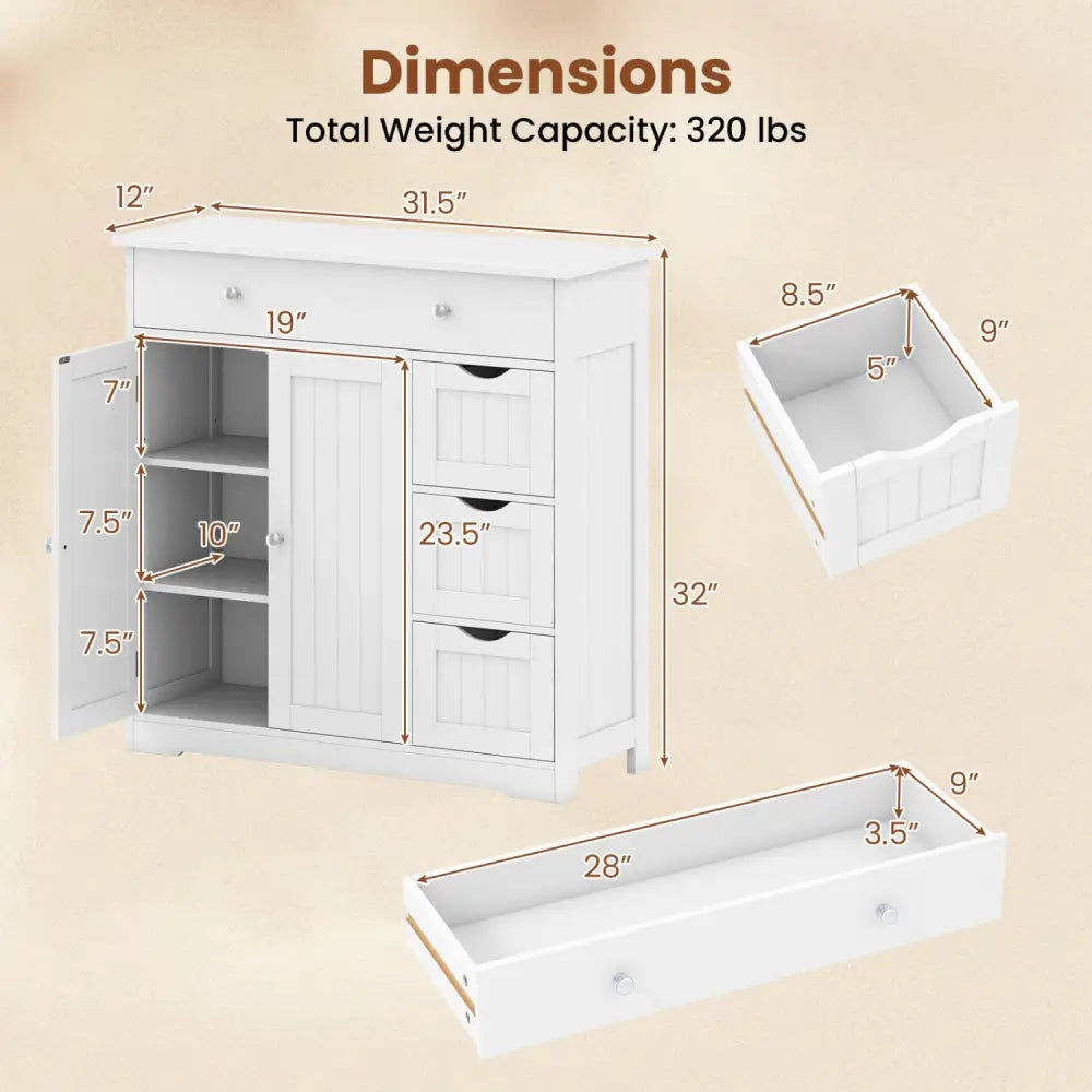 Bathroom Floor Cabinet with 4 Drawers with 2 Doors and Adjustable Shelf-White - White - Floor Cabinets