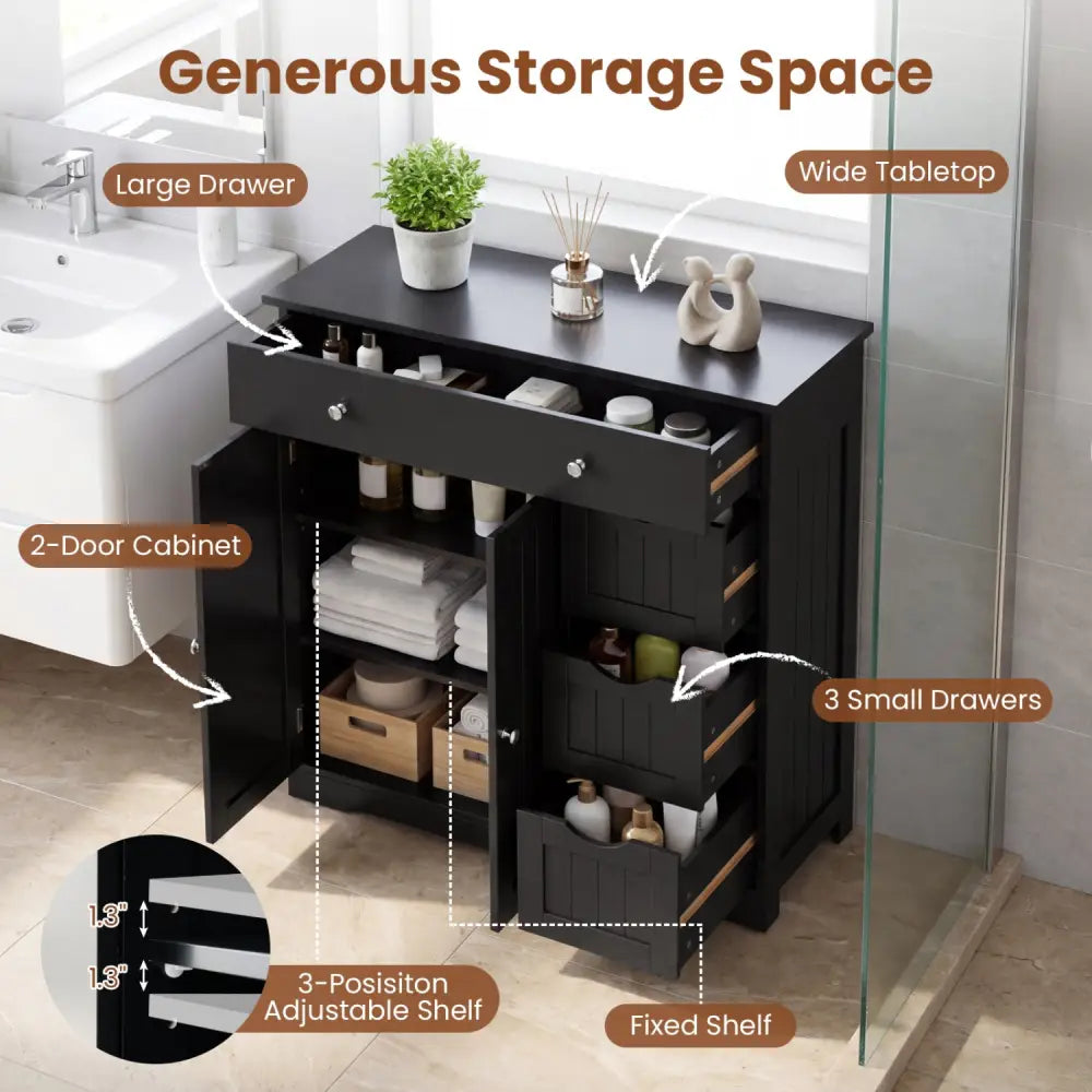 Bathroom Floor Cabinet with 4 Drawers with 2 Doors and Adjustable Shelf-Black - Black - Floor Cabinets