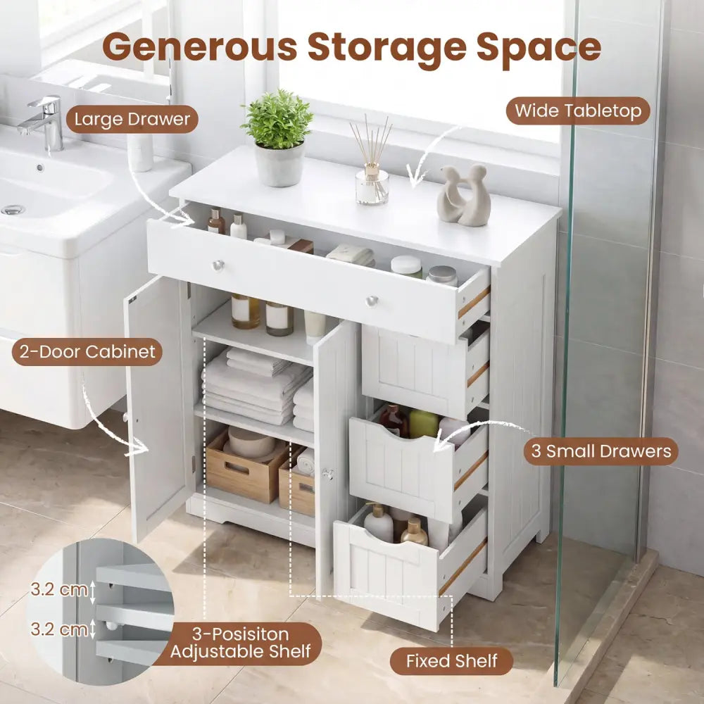 Bathroom Floor Cabinet with 4 Drawers with 2 Doors and Adjustable Shelf-White - White - Floor Cabinets