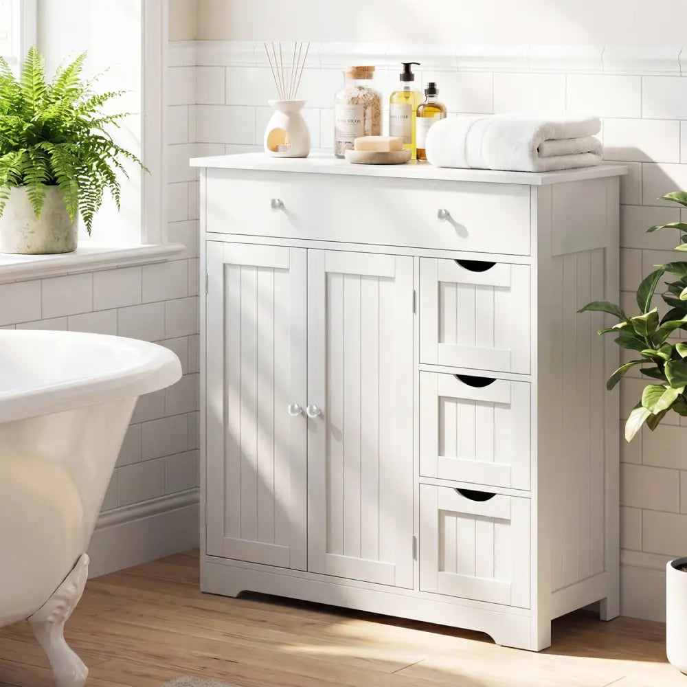 Bathroom Floor Cabinet with 4 Drawers with 2 Doors and Adjustable Shelf-White - White - Floor Cabinets