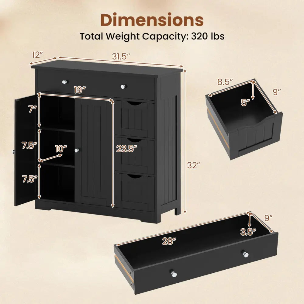 Bathroom Floor Cabinet with 4 Drawers with 2 Doors and Adjustable Shelf-Black - Black - Floor Cabinets