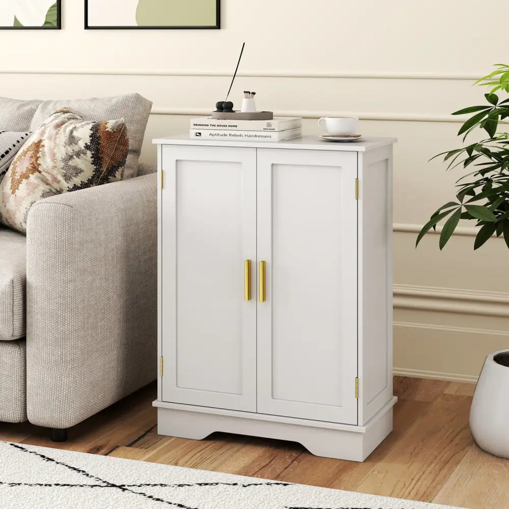 Bathroom Floor Storage Cabinet with 2 Doors and Adjustable Shelves-White - White - Floor Cabinets