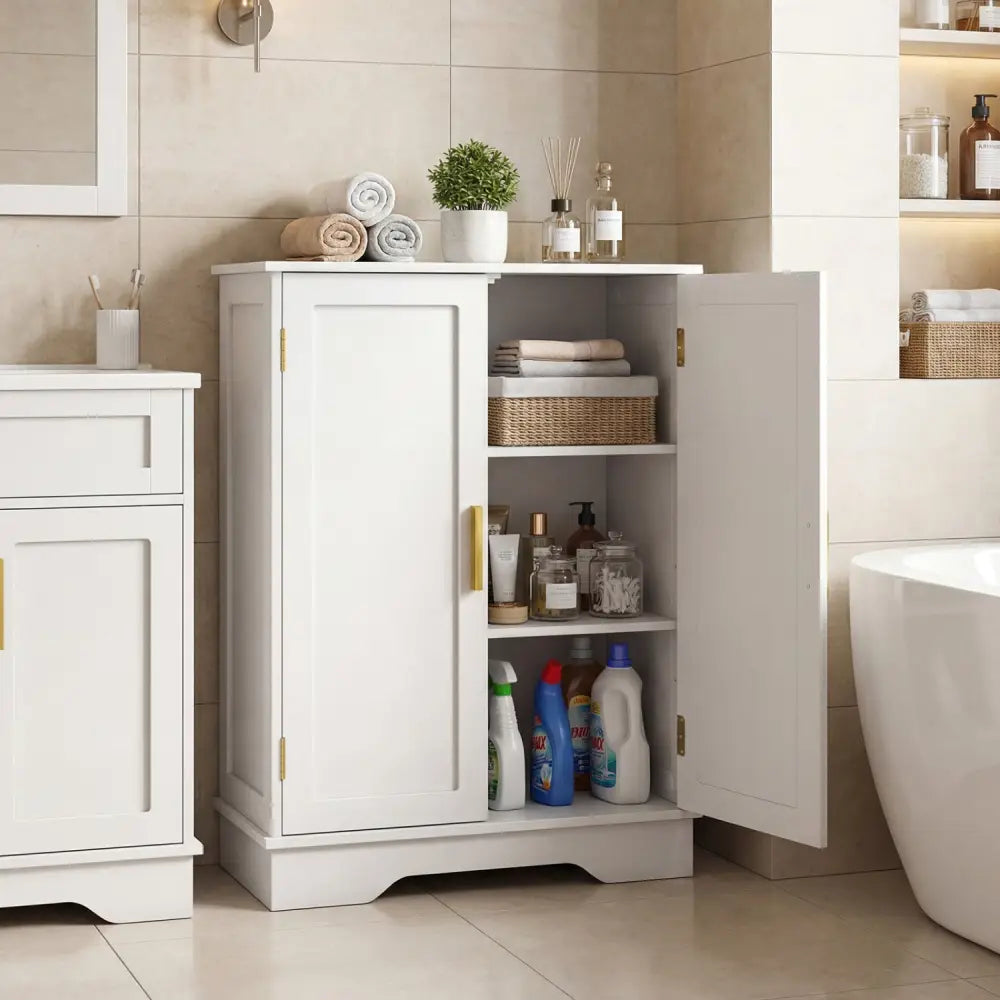 Bathroom Floor Storage Cabinet with 2 Doors and Adjustable Shelves-White - White - Floor Cabinets