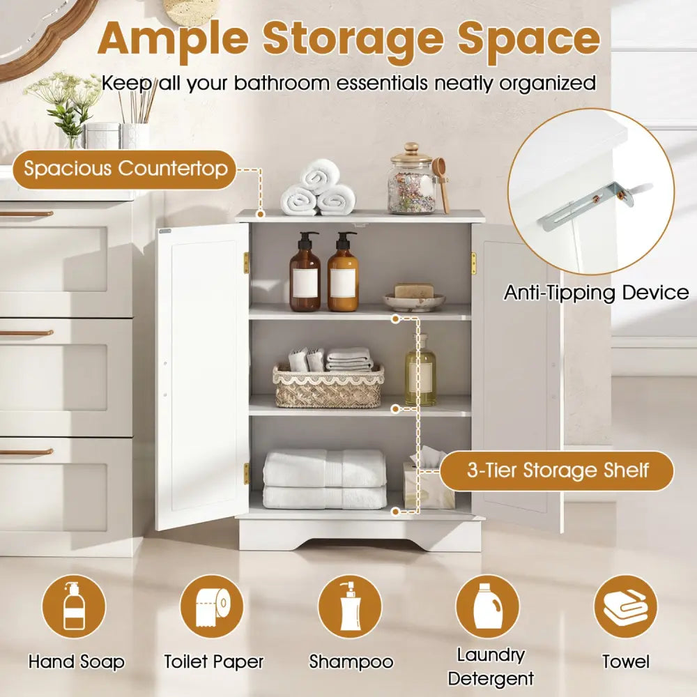 Bathroom Floor Storage Cabinet with 2 Doors and Adjustable Shelves-White - White - Floor Cabinets