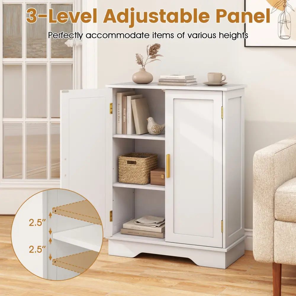 Bathroom Floor Storage Cabinet with 2 Doors and Adjustable Shelves-White - White - Floor Cabinets