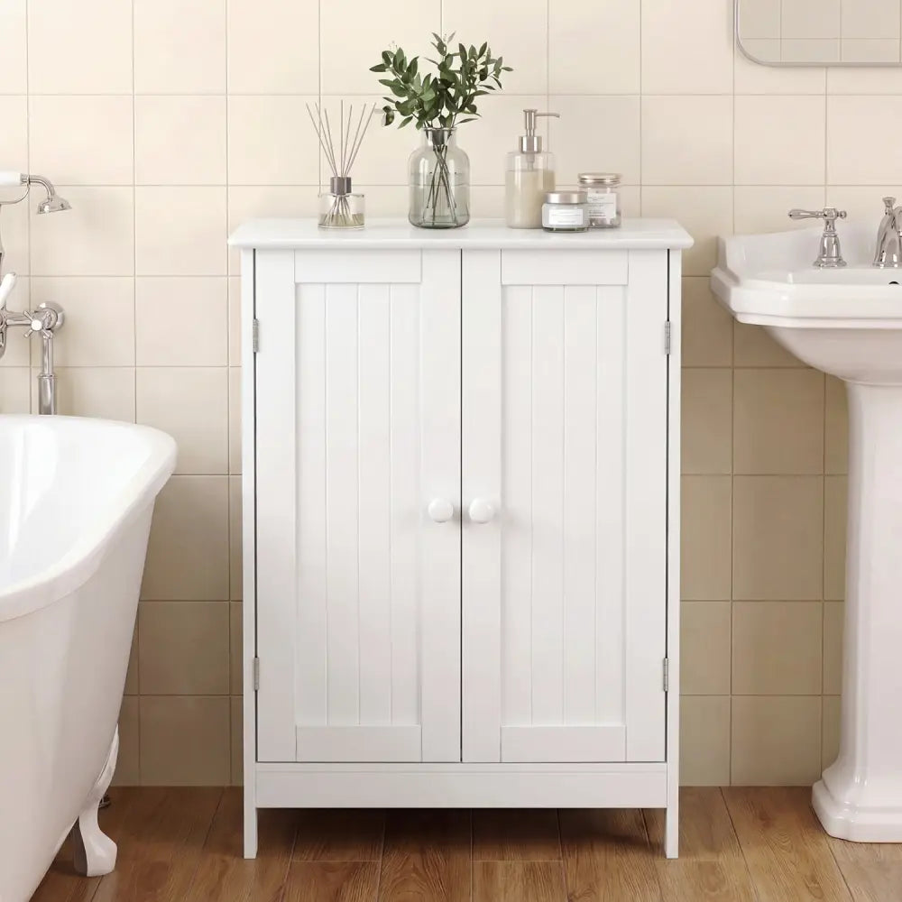 Bathroom Floor Storage Double Door Cupboard Cabinet-White - White - Floor Cabinets