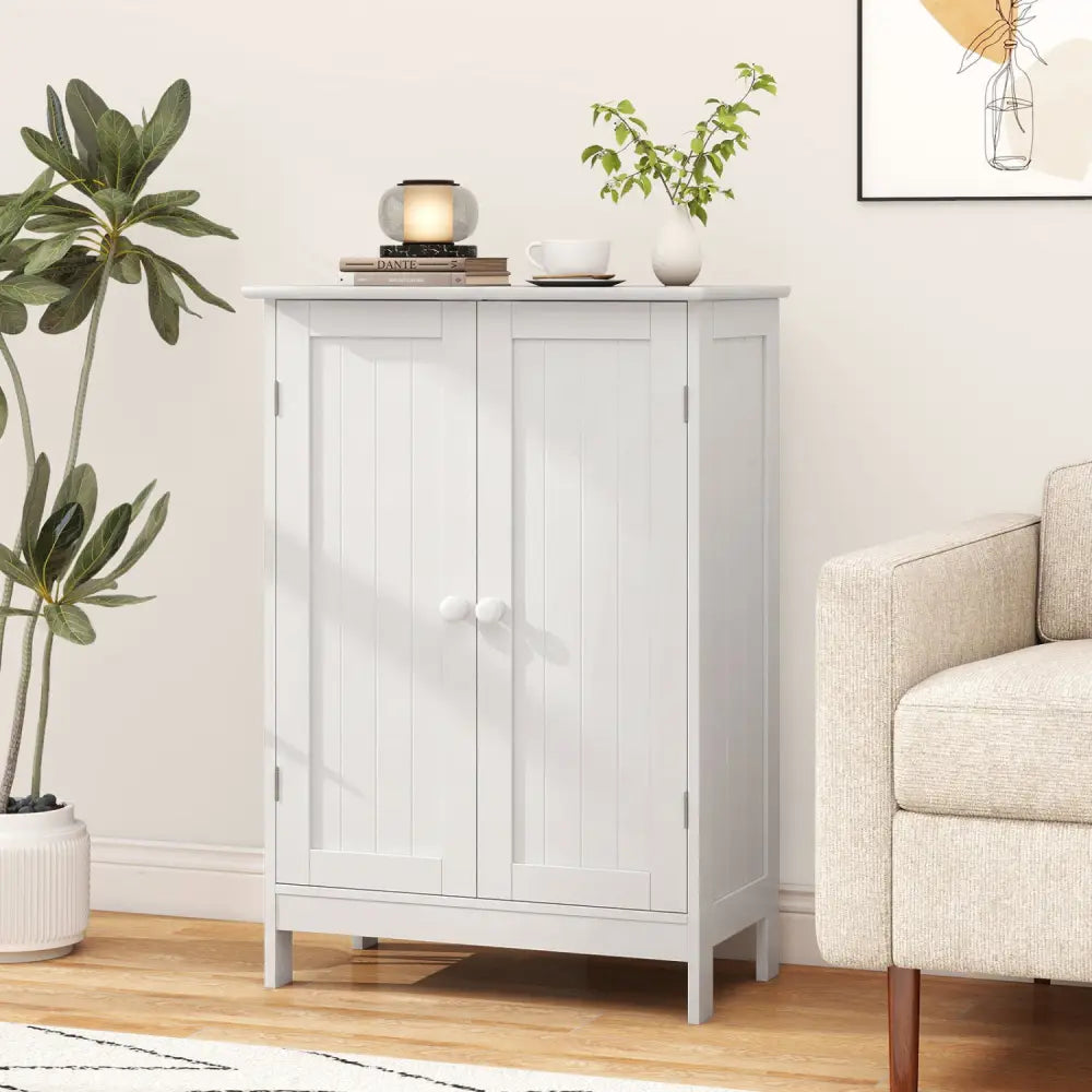 Bathroom Floor Storage Double Door Cupboard Cabinet-White - White - Floor Cabinets