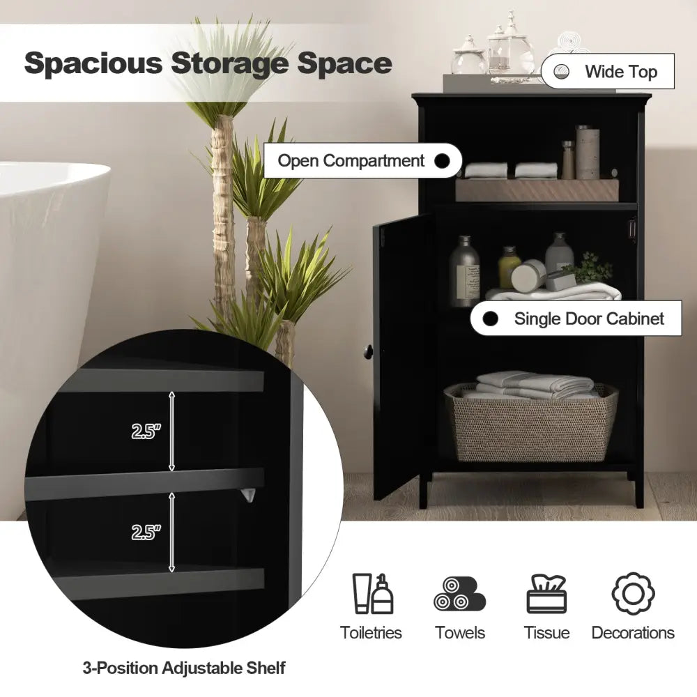 Bathroom Freestanding Floor Storage Cabinet with Adjustable Shelf-Black - Black - Floor Cabinets