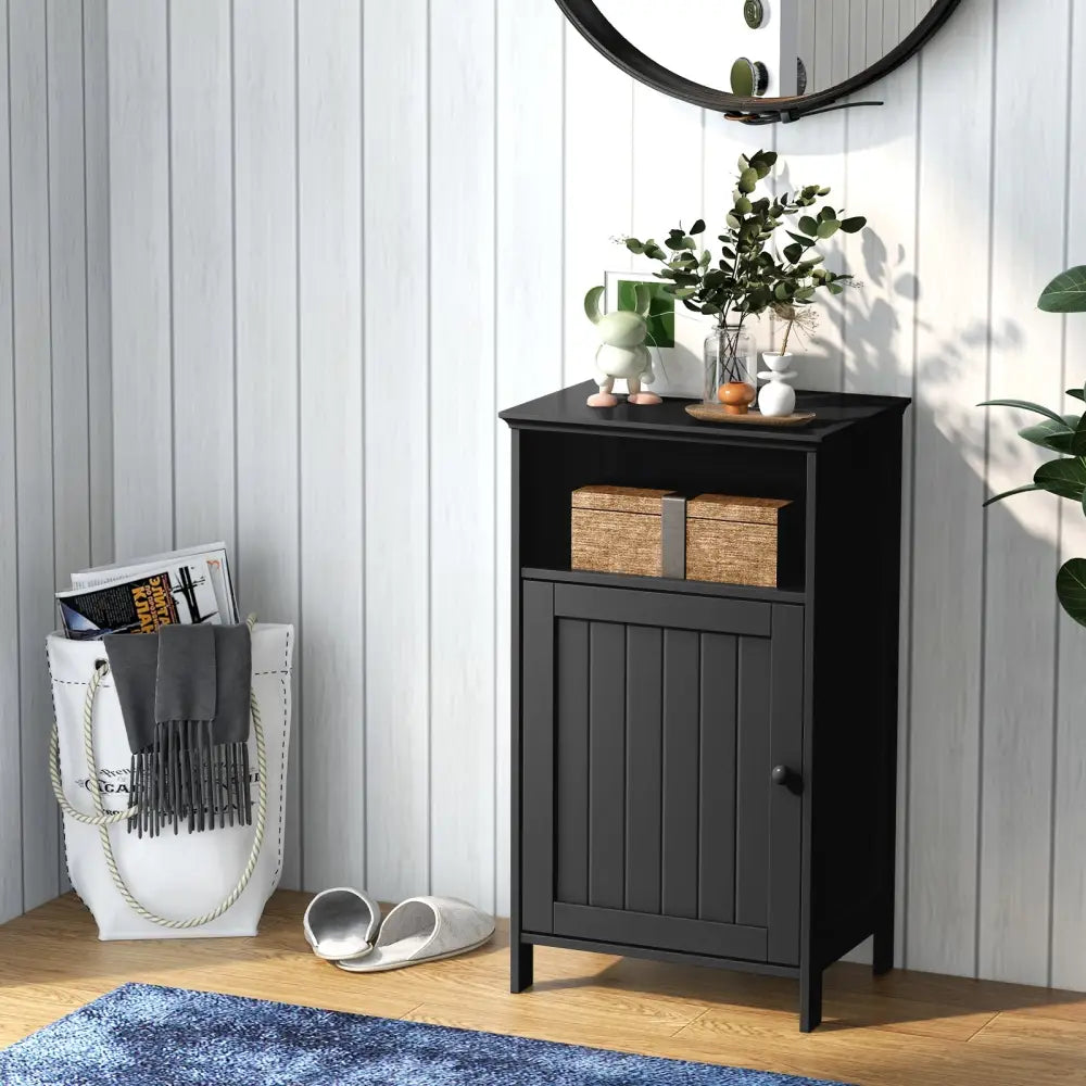 Bathroom Freestanding Floor Storage Cabinet with Adjustable Shelf-Black - Black - Floor Cabinets