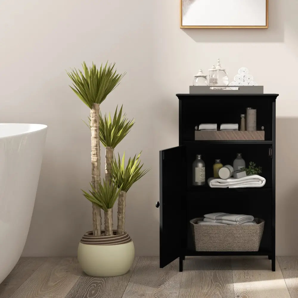 Bathroom Freestanding Floor Storage Cabinet with Adjustable Shelf-Black - Black - Floor Cabinets