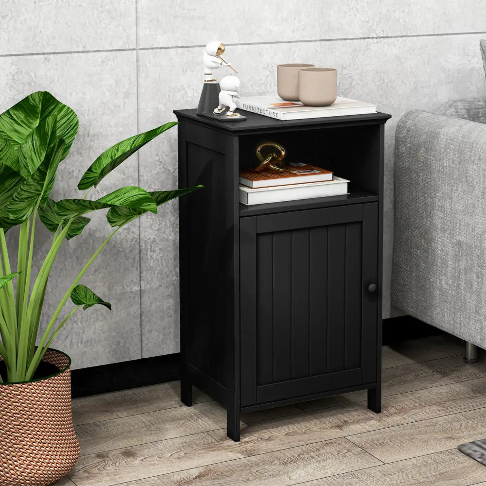 Bathroom Freestanding Floor Storage Cabinet with Adjustable Shelf-Black - Black - Floor Cabinets