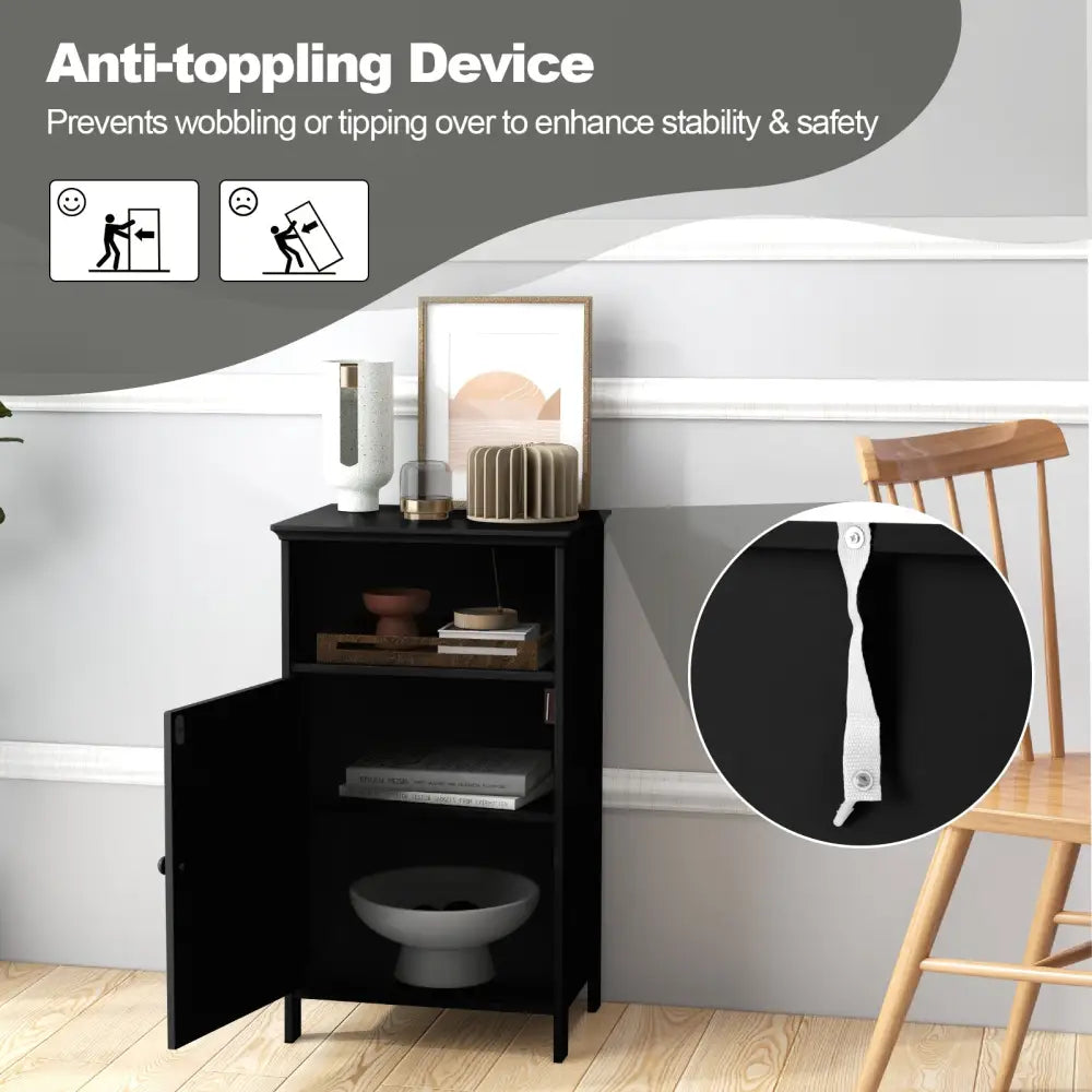 Bathroom Freestanding Floor Storage Cabinet with Adjustable Shelf-Black - Black - Floor Cabinets