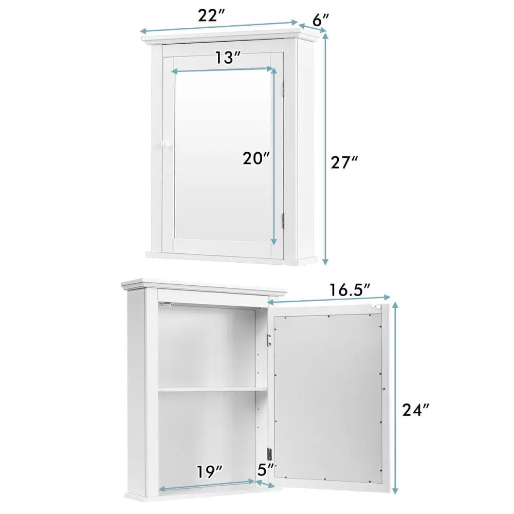 Bathroom Mirror Cabinet Wall Mounted Adjustable Shelf Medicine Storage-White - White - Wall Cabinets