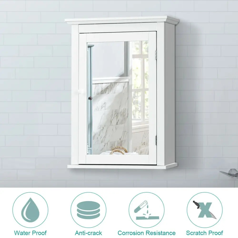 Bathroom Mirror Cabinet Wall Mounted Adjustable Shelf Medicine Storage-White - White - Wall Cabinets