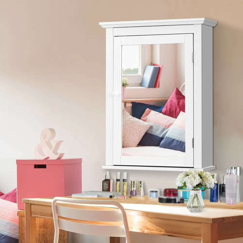 Bathroom Mirror Cabinet Wall Mounted Adjustable Shelf Medicine Storage-White - White - Wall Cabinets