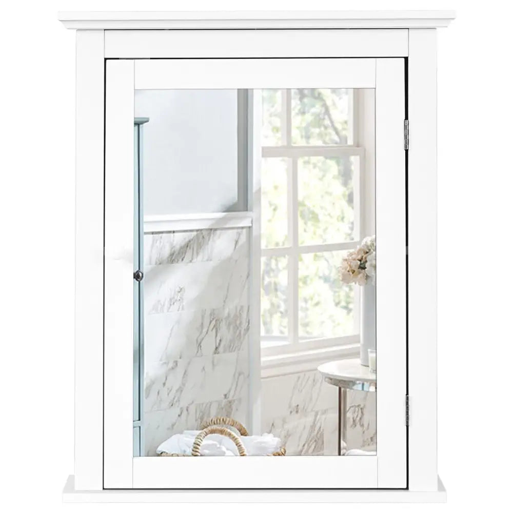Bathroom Mirror Cabinet Wall Mounted Adjustable Shelf Medicine Storage-White - White - Wall Cabinets