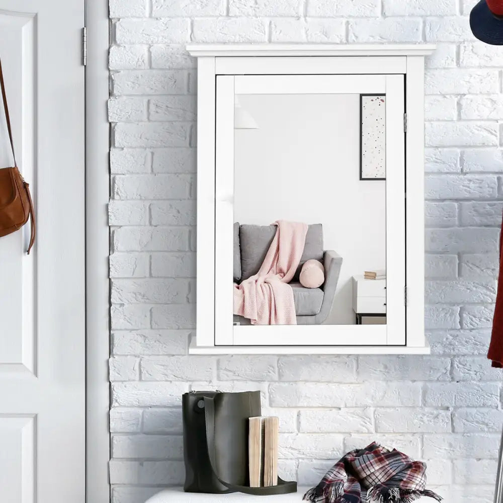 Bathroom Mirror Cabinet Wall Mounted Adjustable Shelf Medicine Storage-White - White - Wall Cabinets