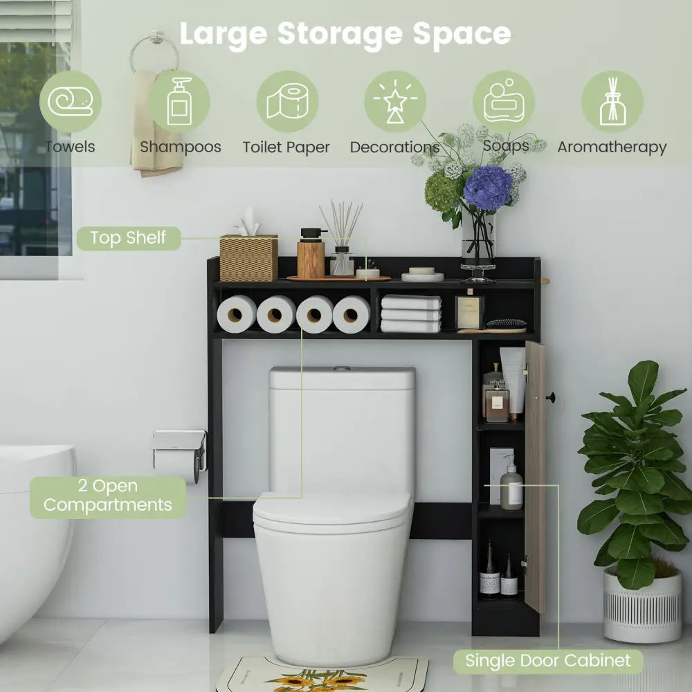 Bathroom Over the Toilet Floor Storage Organizer with Adjustable Shelves-Black - Black - Over the Toilet Storage