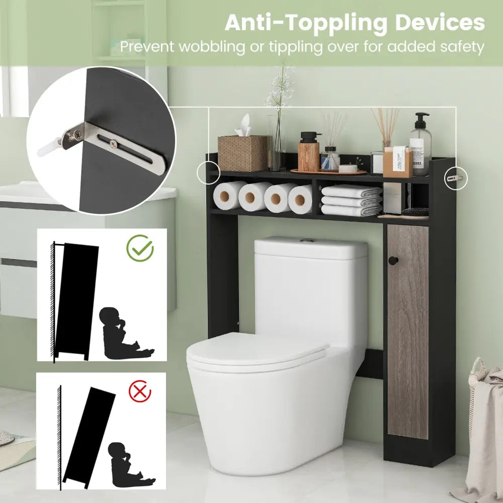 Bathroom Over the Toilet Floor Storage Organizer with Adjustable Shelves-Black - Black - Over the Toilet Storage