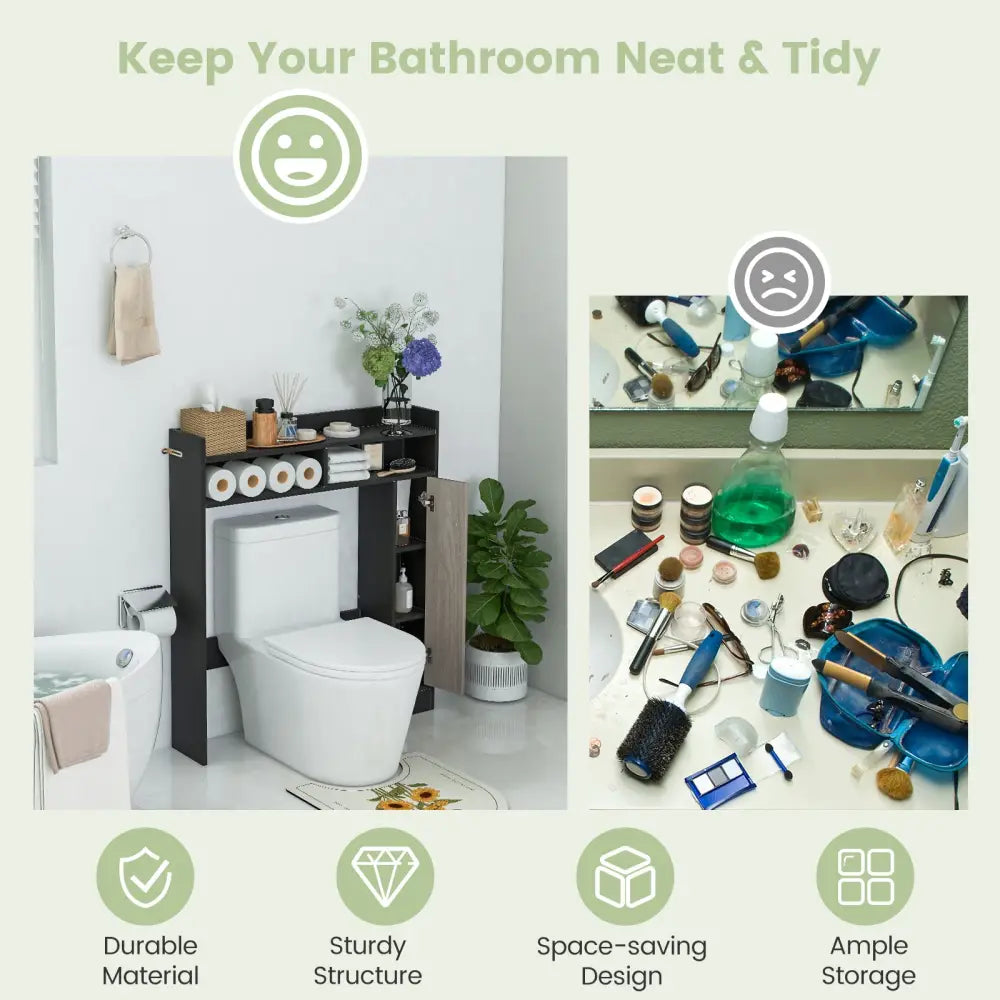 Bathroom Over the Toilet Floor Storage Organizer with Adjustable Shelves-Black - Black - Over the Toilet Storage
