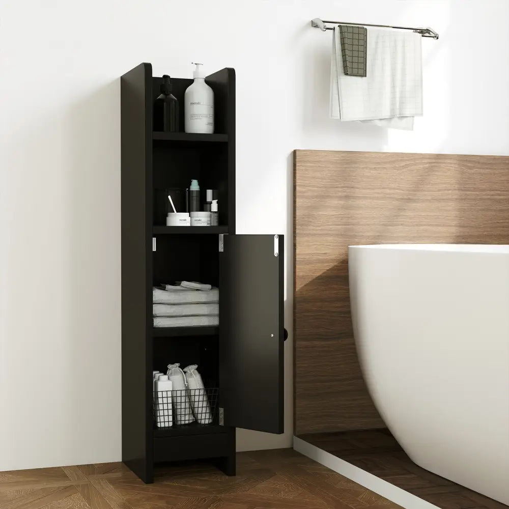 Bathroom Slim Cabinet Corner with Door and Adjustable Shelf-Black - Black - Floor Cabinets