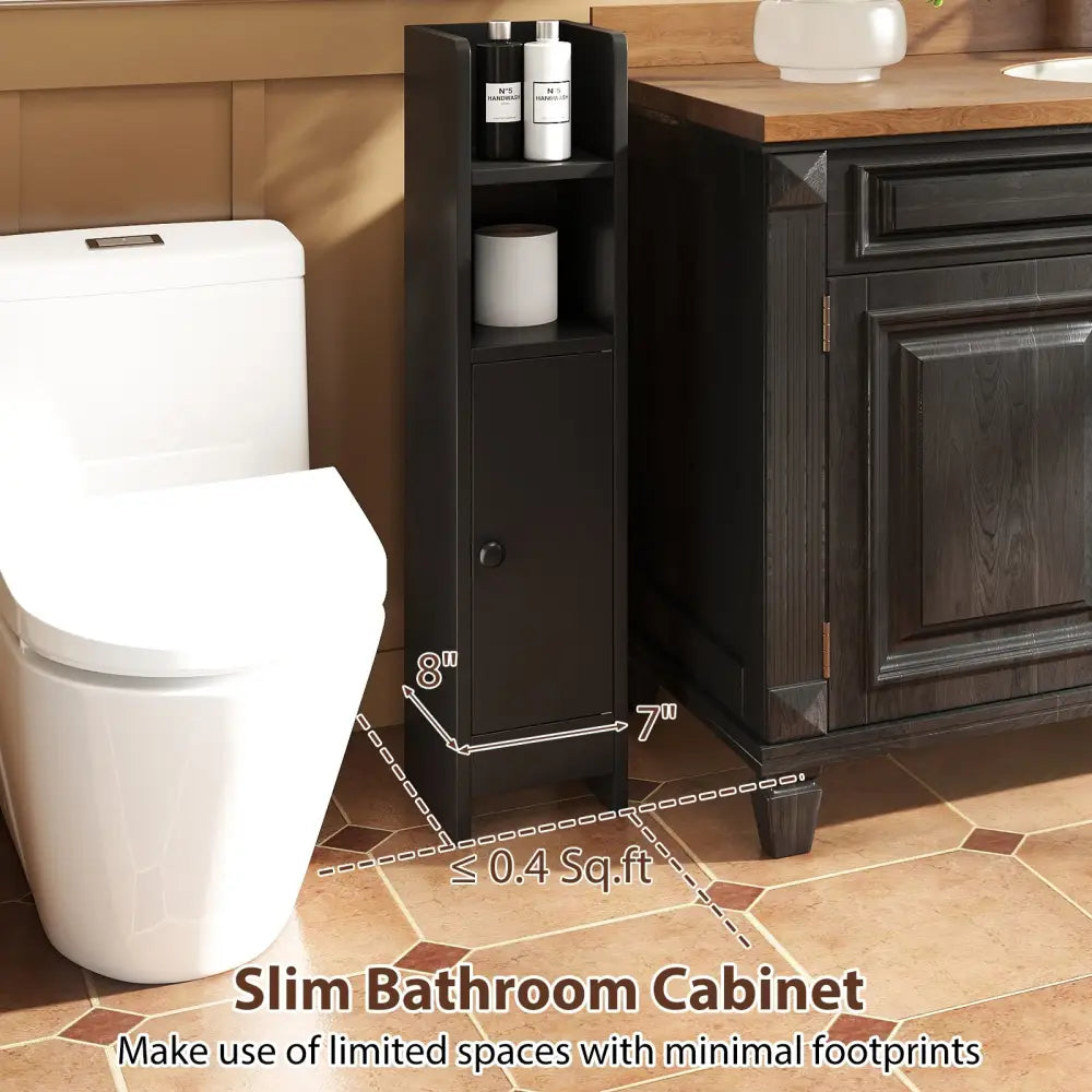Bathroom Slim Cabinet Corner with Door and Adjustable Shelf-Black - Black - Floor Cabinets