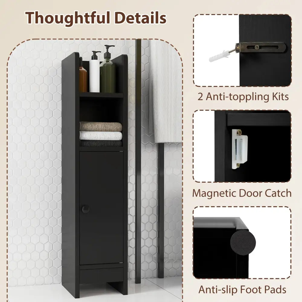 Bathroom Slim Cabinet Corner with Door and Adjustable Shelf-Black - Black - Floor Cabinets