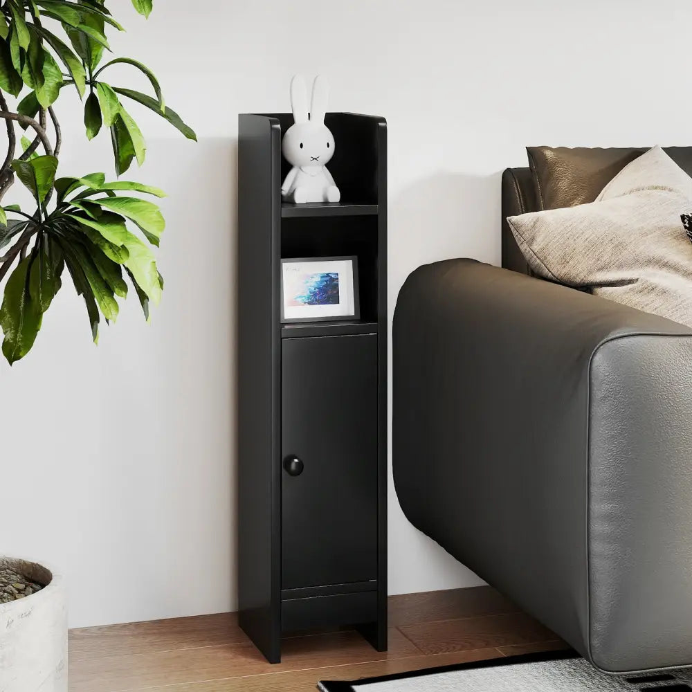 Bathroom Slim Cabinet Corner with Door and Adjustable Shelf-Black - Black - Floor Cabinets