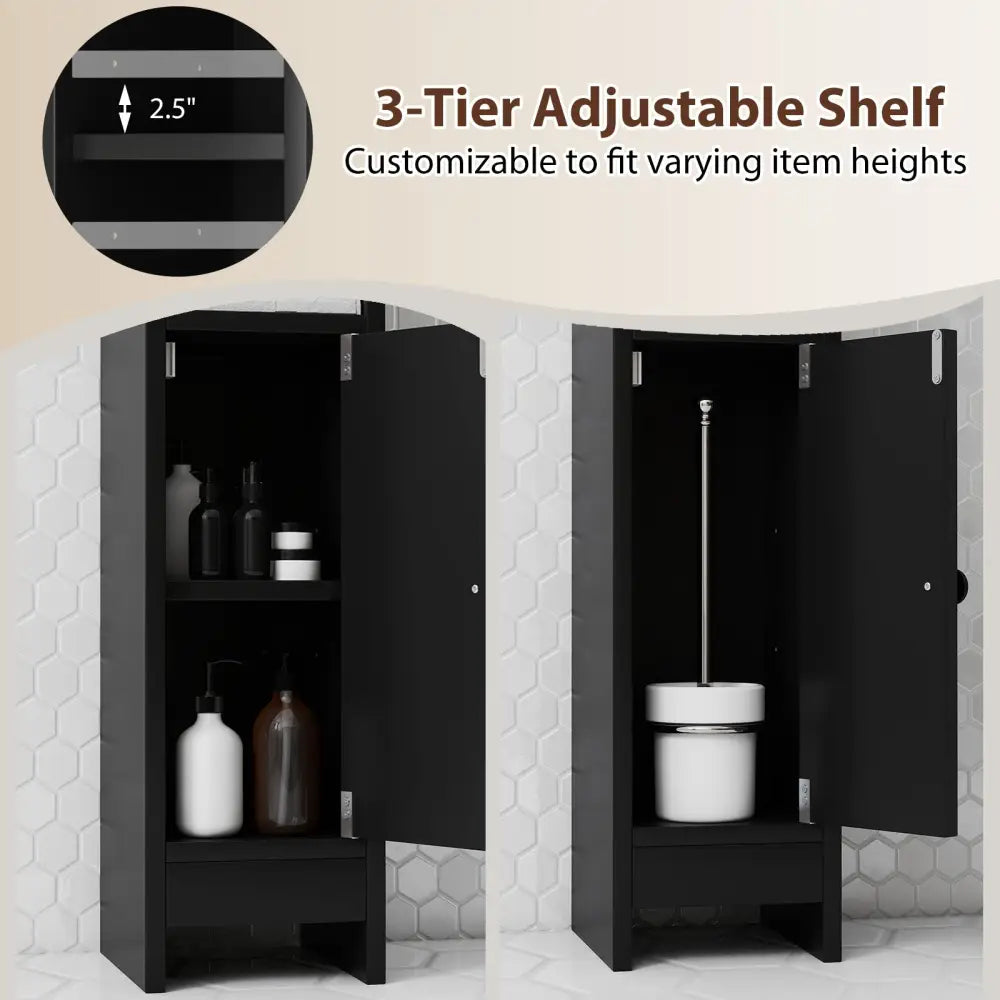 Bathroom Slim Cabinet Corner with Door and Adjustable Shelf-Black - Black - Floor Cabinets