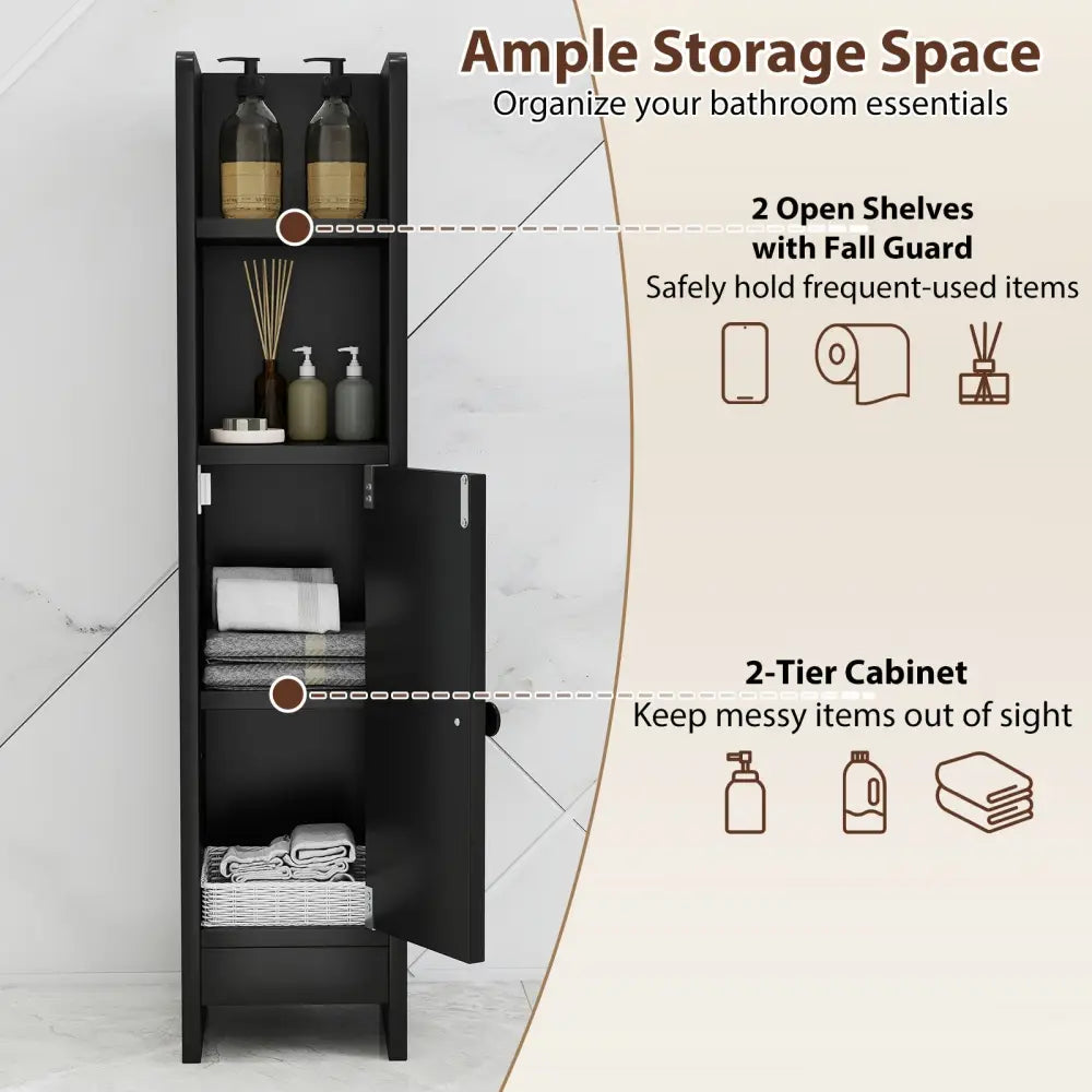 Bathroom Slim Cabinet Corner with Door and Adjustable Shelf-Black - Black - Floor Cabinets