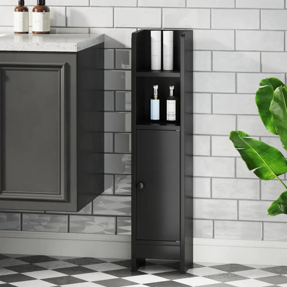 Bathroom Slim Cabinet Corner with Door and Adjustable Shelf-Black - Black - Floor Cabinets