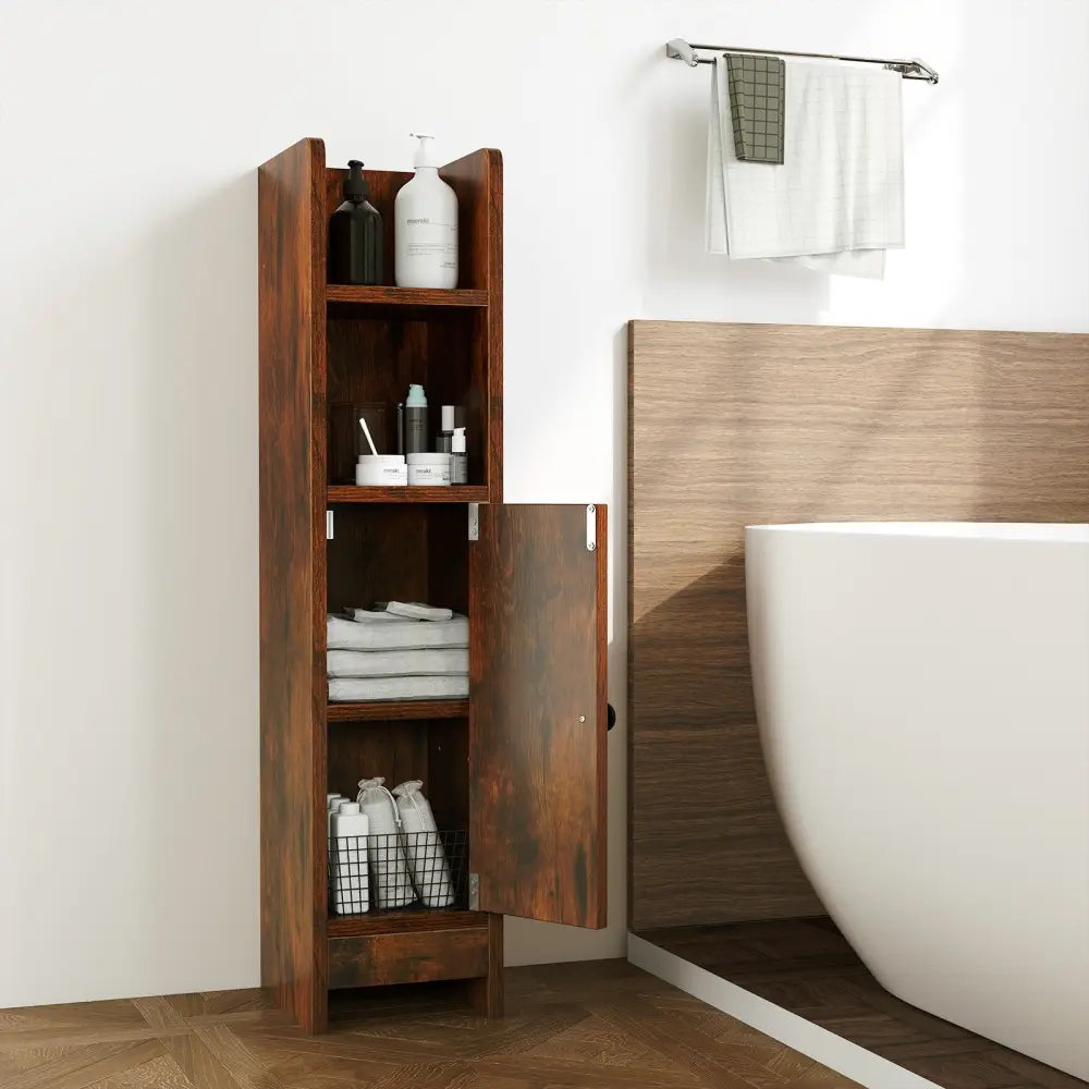 Bathroom Slim Cabinet Corner with Door and Adjustable Shelf-Rustic Brown - Coffee - Floor Cabinets