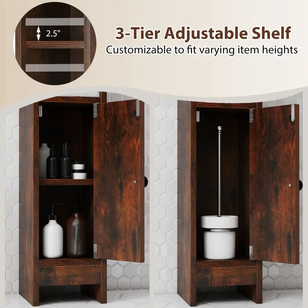 Bathroom Slim Cabinet Corner with Door and Adjustable Shelf-Rustic Brown - Coffee - Floor Cabinets
