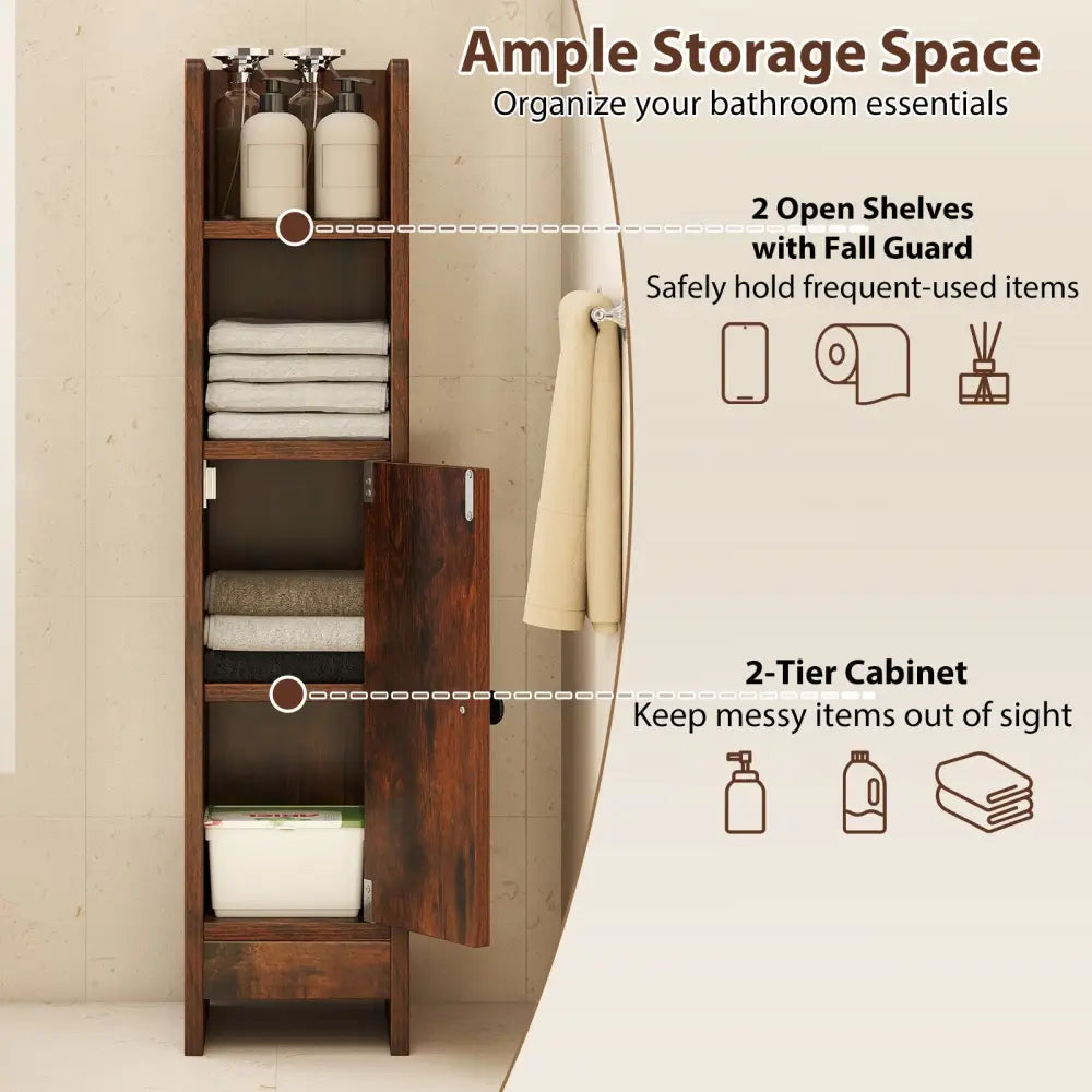Bathroom Slim Cabinet Corner with Door and Adjustable Shelf-Rustic Brown - Coffee - Floor Cabinets