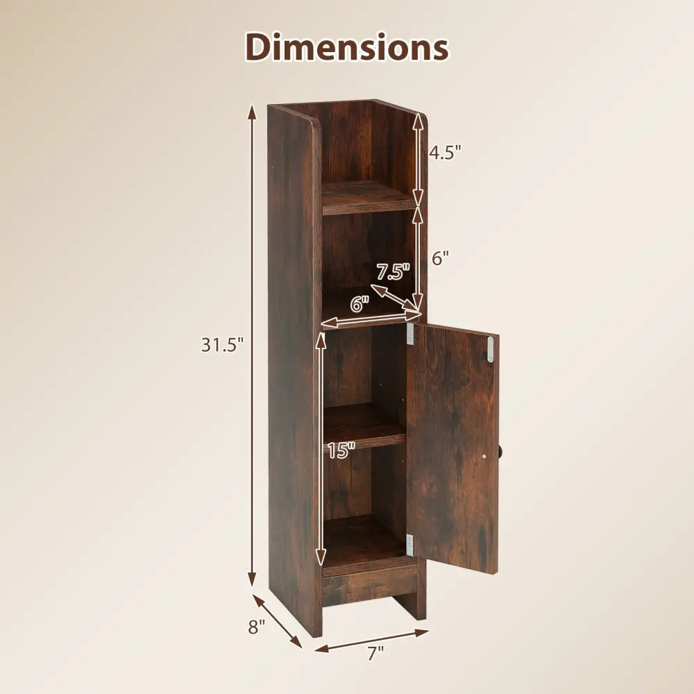 Bathroom Slim Cabinet Corner with Door and Adjustable Shelf-Rustic Brown - Coffee - Floor Cabinets