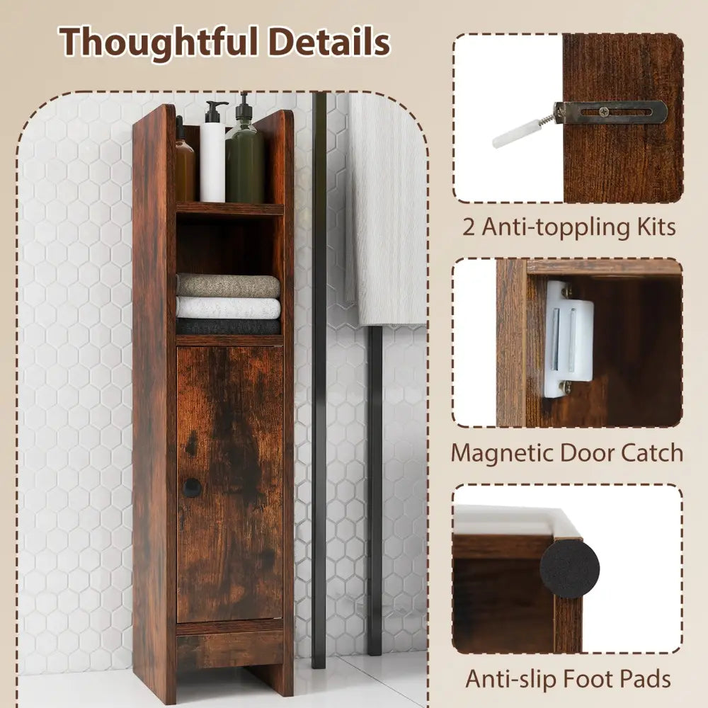 Bathroom Slim Cabinet Corner with Door and Adjustable Shelf-Rustic Brown - Coffee - Floor Cabinets