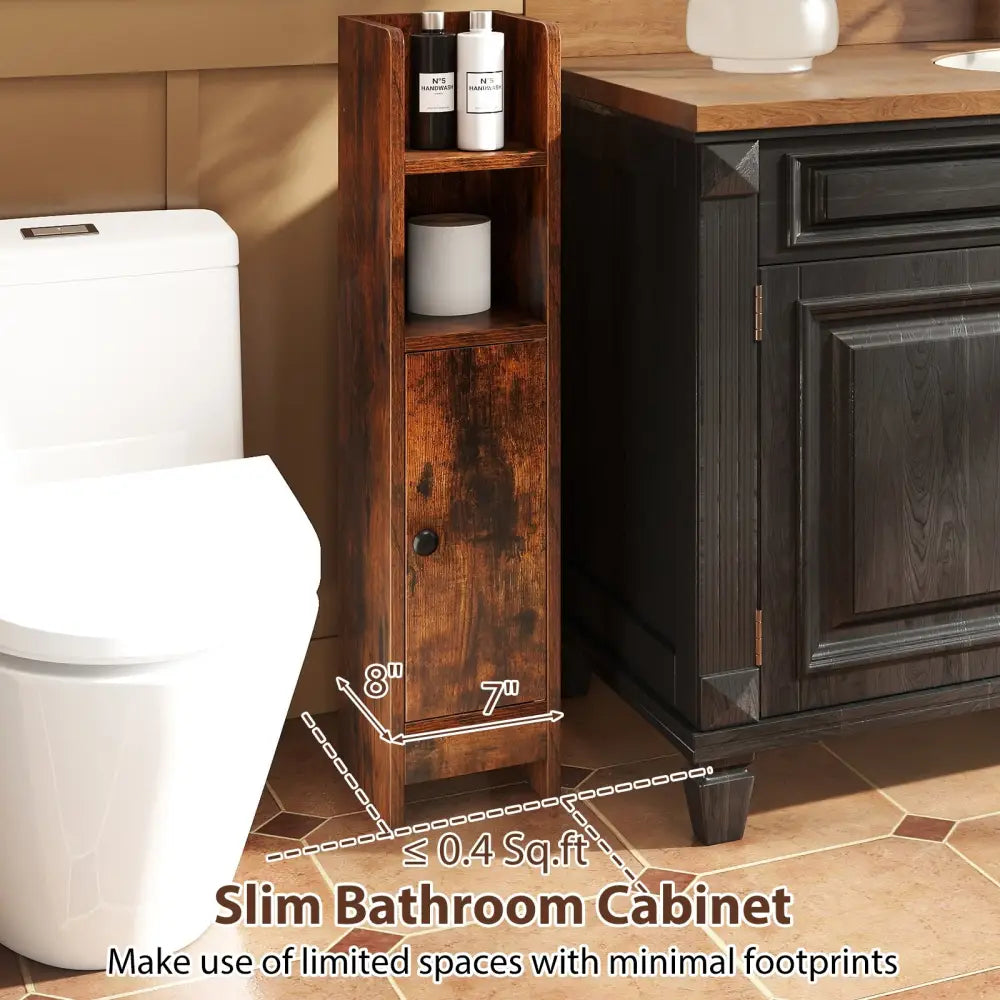 Bathroom Slim Cabinet Corner with Door and Adjustable Shelf-Rustic Brown - Coffee - Floor Cabinets