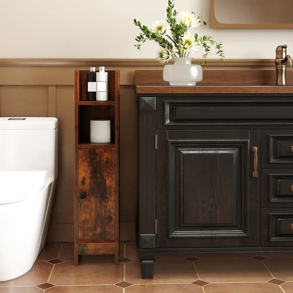 Bathroom Slim Cabinet Corner with Door and Adjustable Shelf-Rustic Brown - Coffee - Floor Cabinets