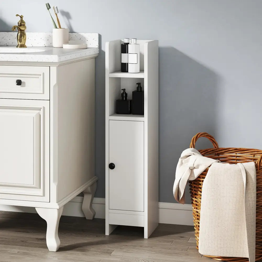 Bathroom Slim Cabinet Corner with Door and Adjustable Shelf-White - White - Floor Cabinets