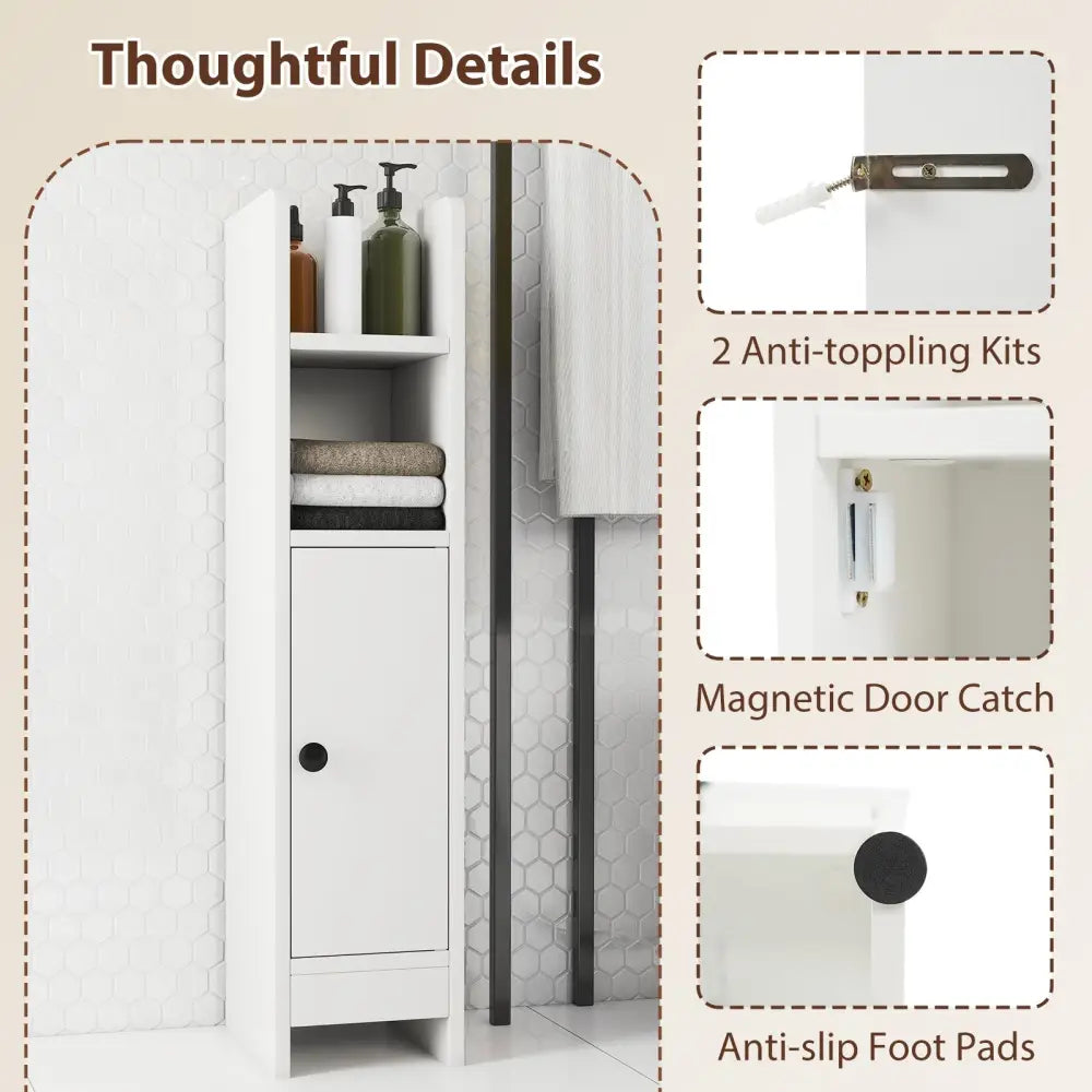 Bathroom Slim Cabinet Corner with Door and Adjustable Shelf-White - White - Floor Cabinets