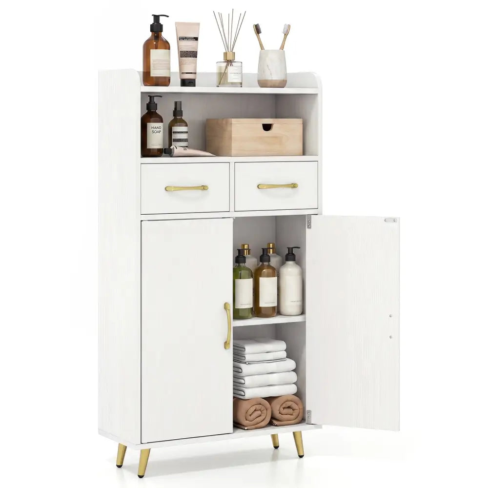 Bathroom Storage Cabinet Freestanding Floor Cabinet with 2 Drawers and 2 Doors-White - White - Floor Cabinets