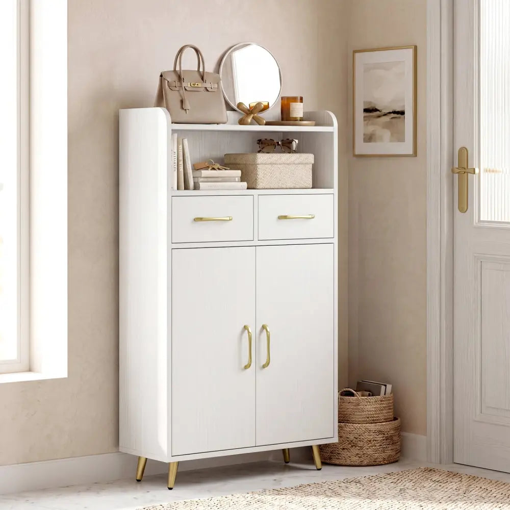 Bathroom Storage Cabinet Freestanding Floor Cabinet with 2 Drawers and 2 Doors-White - White - Floor Cabinets