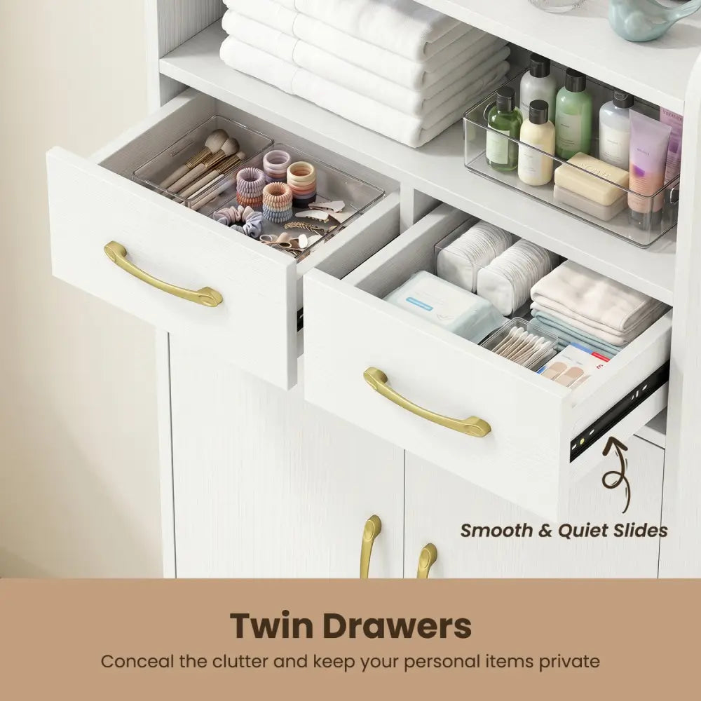 Bathroom Storage Cabinet Freestanding Floor Cabinet with 2 Drawers and 2 Doors-White - White - Floor Cabinets