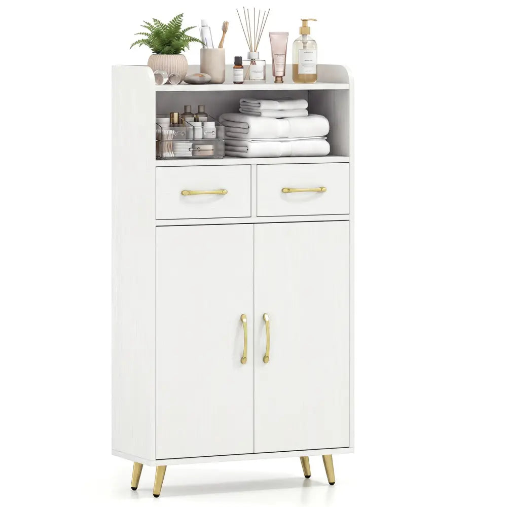 Bathroom Storage Cabinet Freestanding Floor Cabinet with 2 Drawers and 2 Doors-White - White - Floor Cabinets