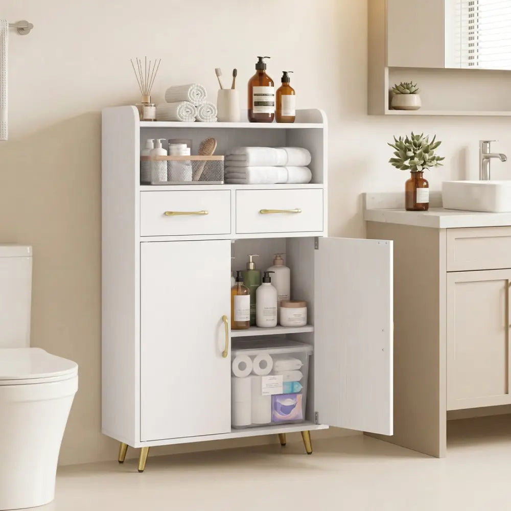 Bathroom Storage Cabinet Freestanding Floor Cabinet with 2 Drawers and 2 Doors-White - White - Floor Cabinets