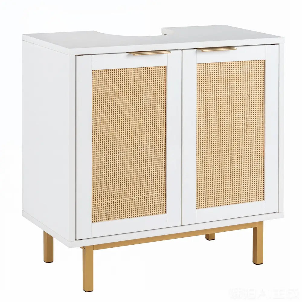 Bathroom Vanity Cabinet with U-Shaped Cut-Out 2 Rattan Doors and Shelf-White - White - Floor Cabinets