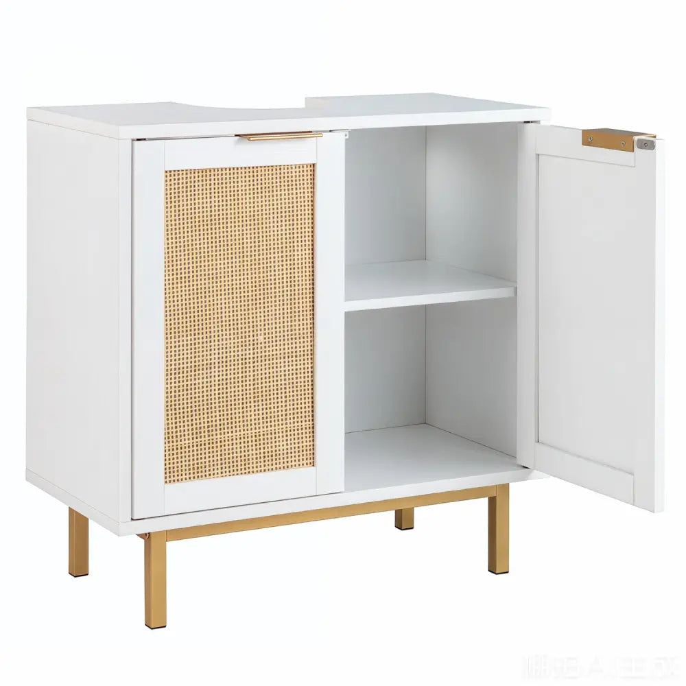Bathroom Vanity Cabinet with U-Shaped Cut-Out 2 Rattan Doors and Shelf-White - White - Floor Cabinets